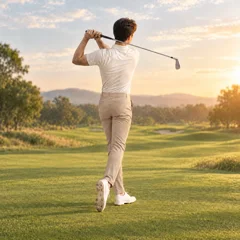 Golfer mid follow-through on a fairway at golden hour